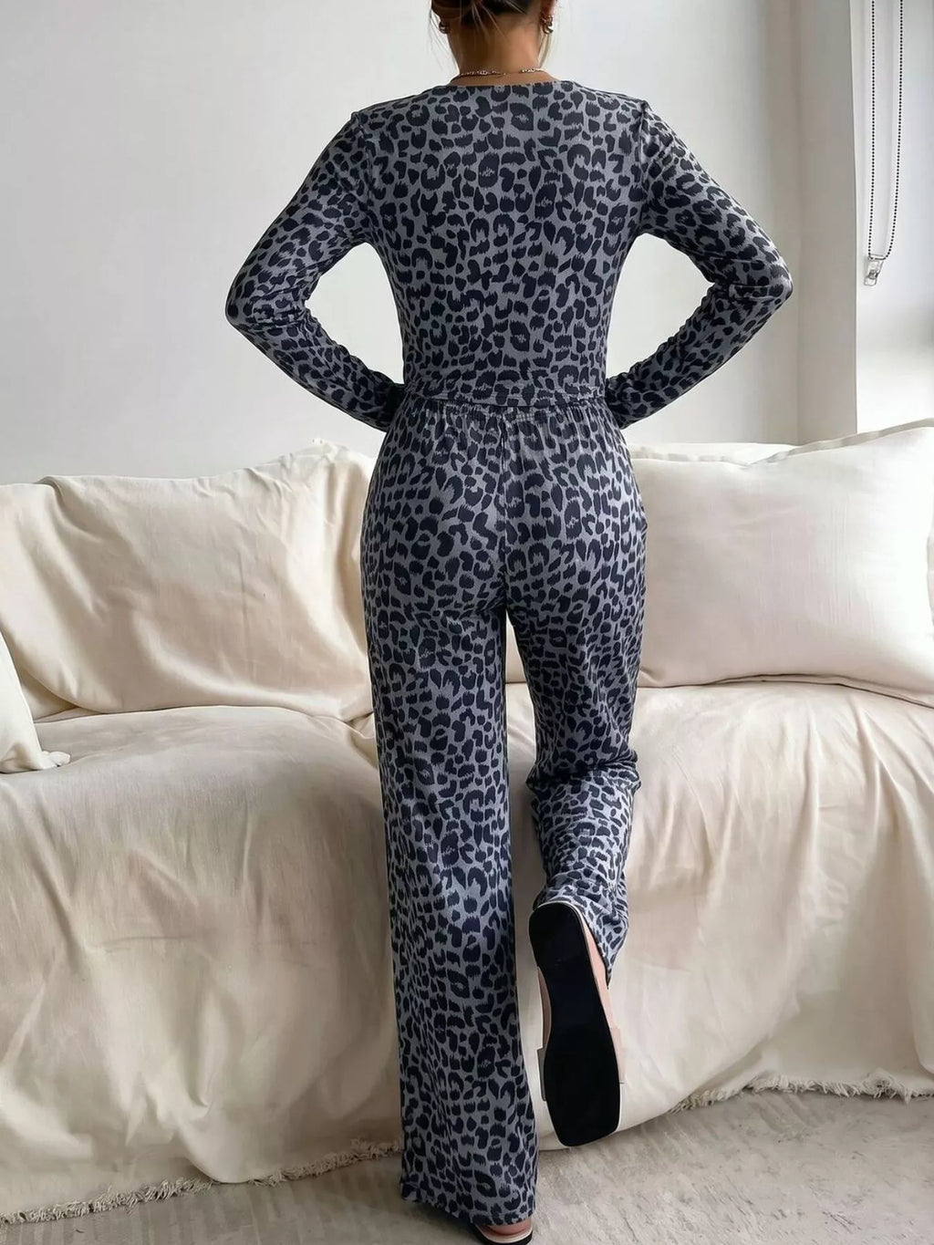 Leopard Print Long Sleeve Top and Pants Lounge Set