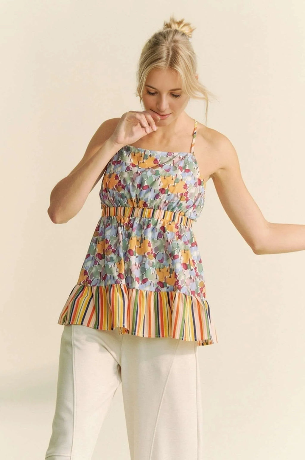 Floral Sleeveless Smocked Top with Ruffle Trim and Back Tie