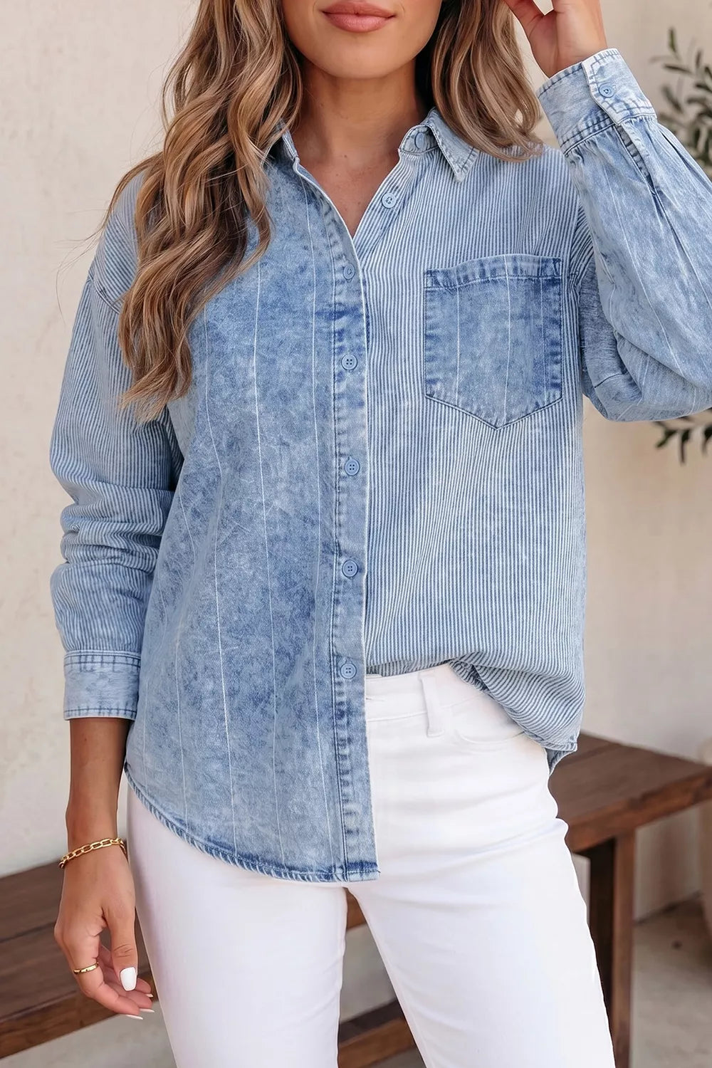 Button-Down Front Striped Denim Shirt