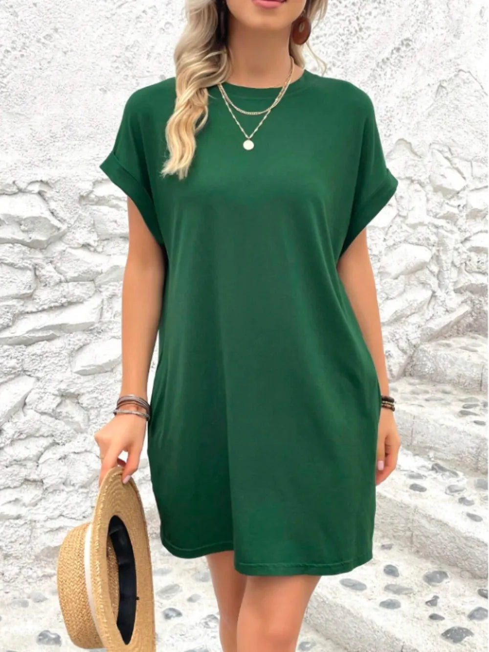 Round Neck Short Sleeve Mini Tee Dress with Pockets