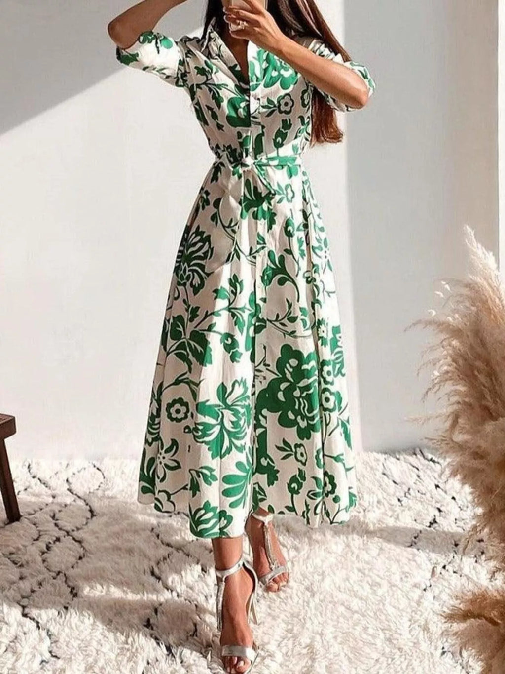 Elegant Floral Print Shirt Dress with Belt