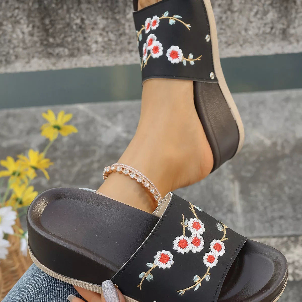 Floral Embroidered Wedge Sandals