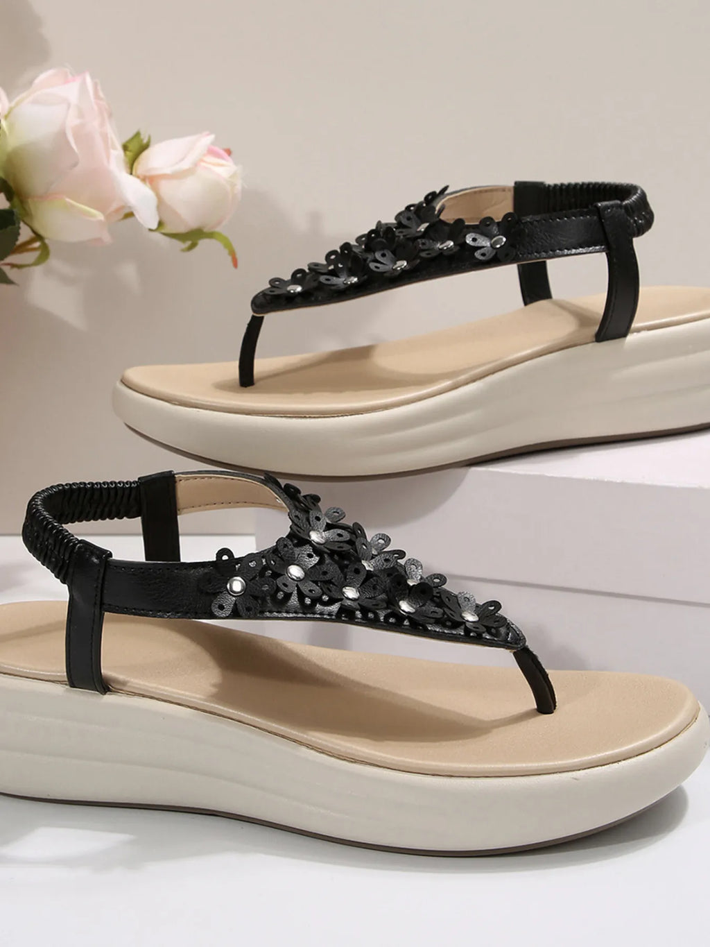 Studded T-Strap Wedge Sandals
