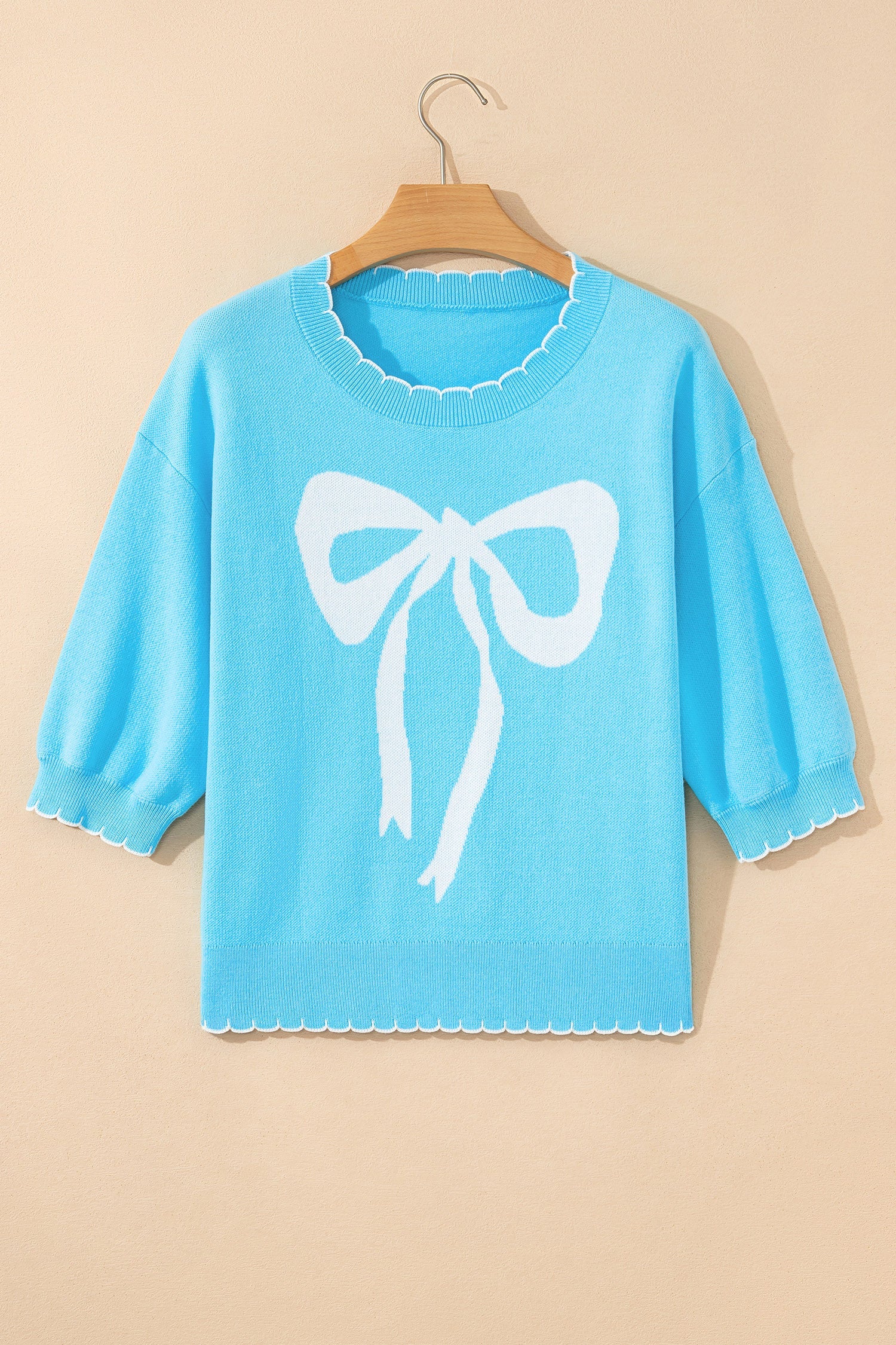 Light Blue Big Ribbon Bow Print Contrast Stitch Trim Drop Shoulder Sweater