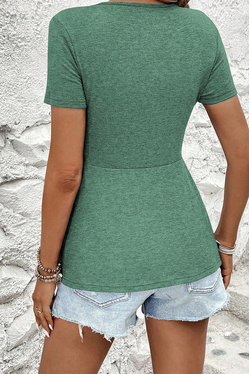 Green Bay Twist Knot V Neck Short Sleeve Blouse