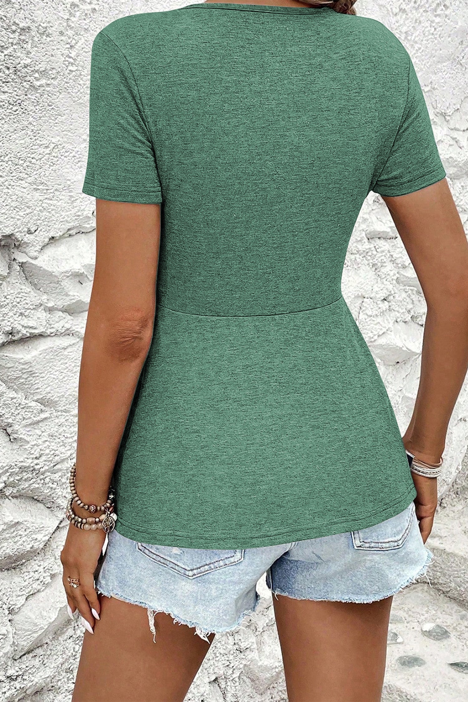 Green Bay Twist Knot V Neck Short Sleeve Blouse