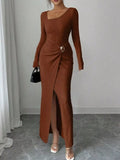 Slit Asymmetrical Neck Ribbed Maxi Dress