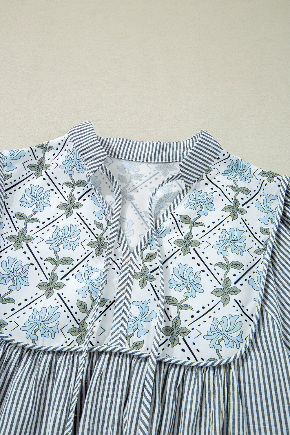 Stripe Floral Patchwork Tied V-Neck Mini Dress