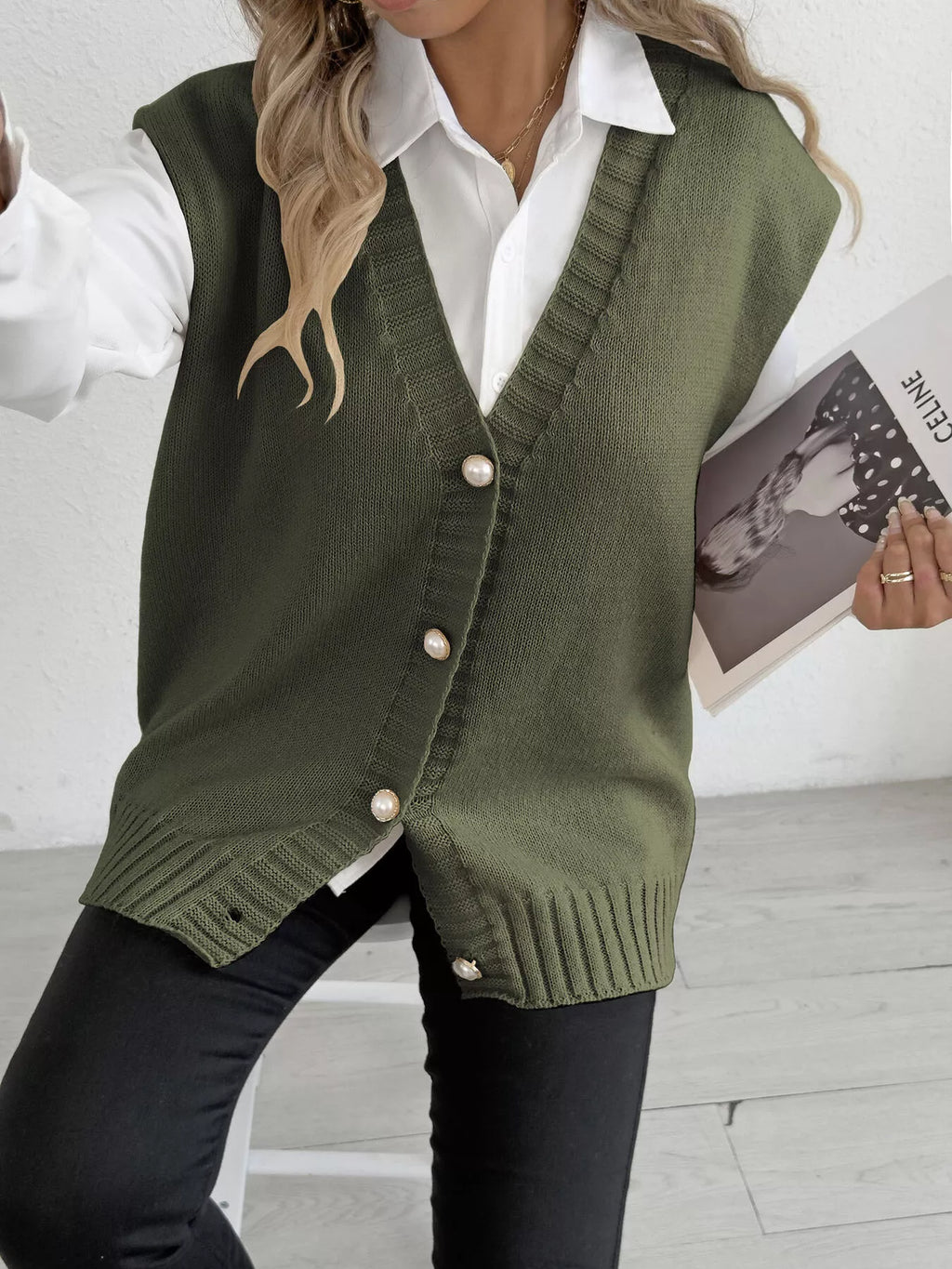 V-Neck Button-Front Knit Sweater Vest