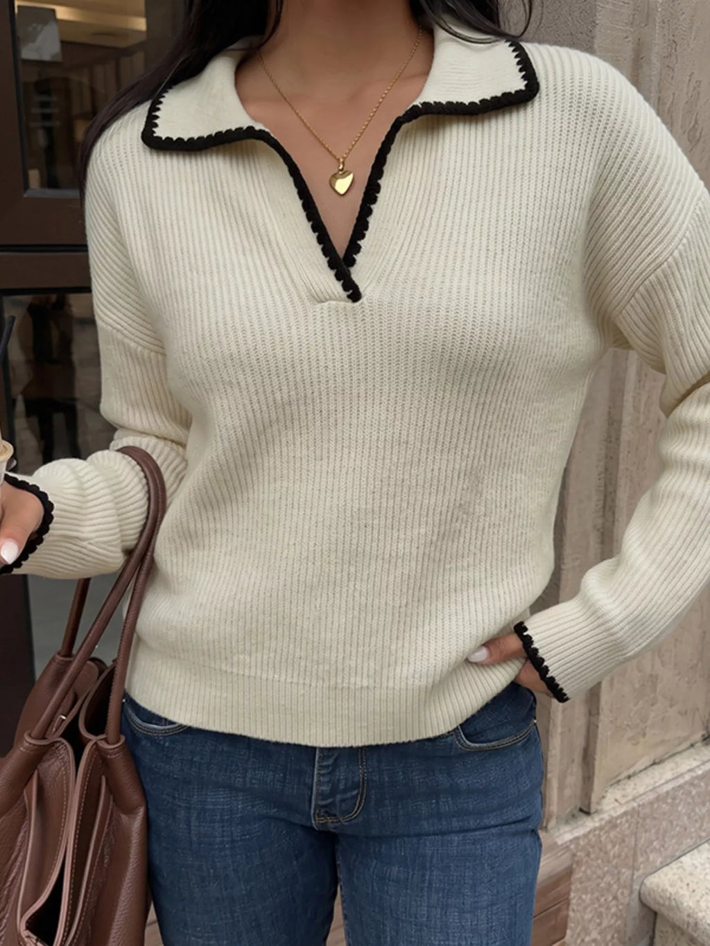 Contrast Trim Dropped Shoulder Sweater