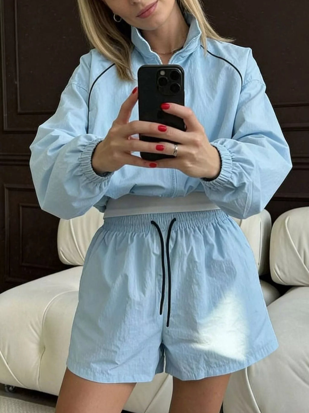 Zip-Up Jacket and Shorts Two-Piece Set