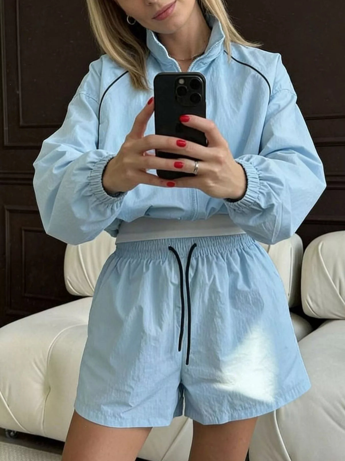 Zip-Up Jacket and Shorts Two-Piece Set
