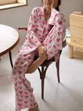 Heart Print Button Up Top and Pants Lounge Set