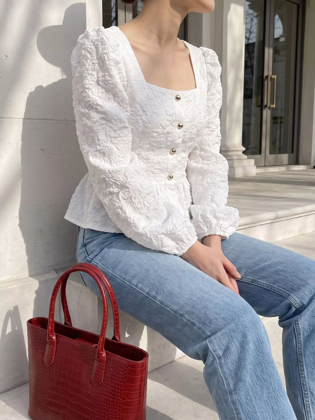 Square Neck Textured Peplum Blouse