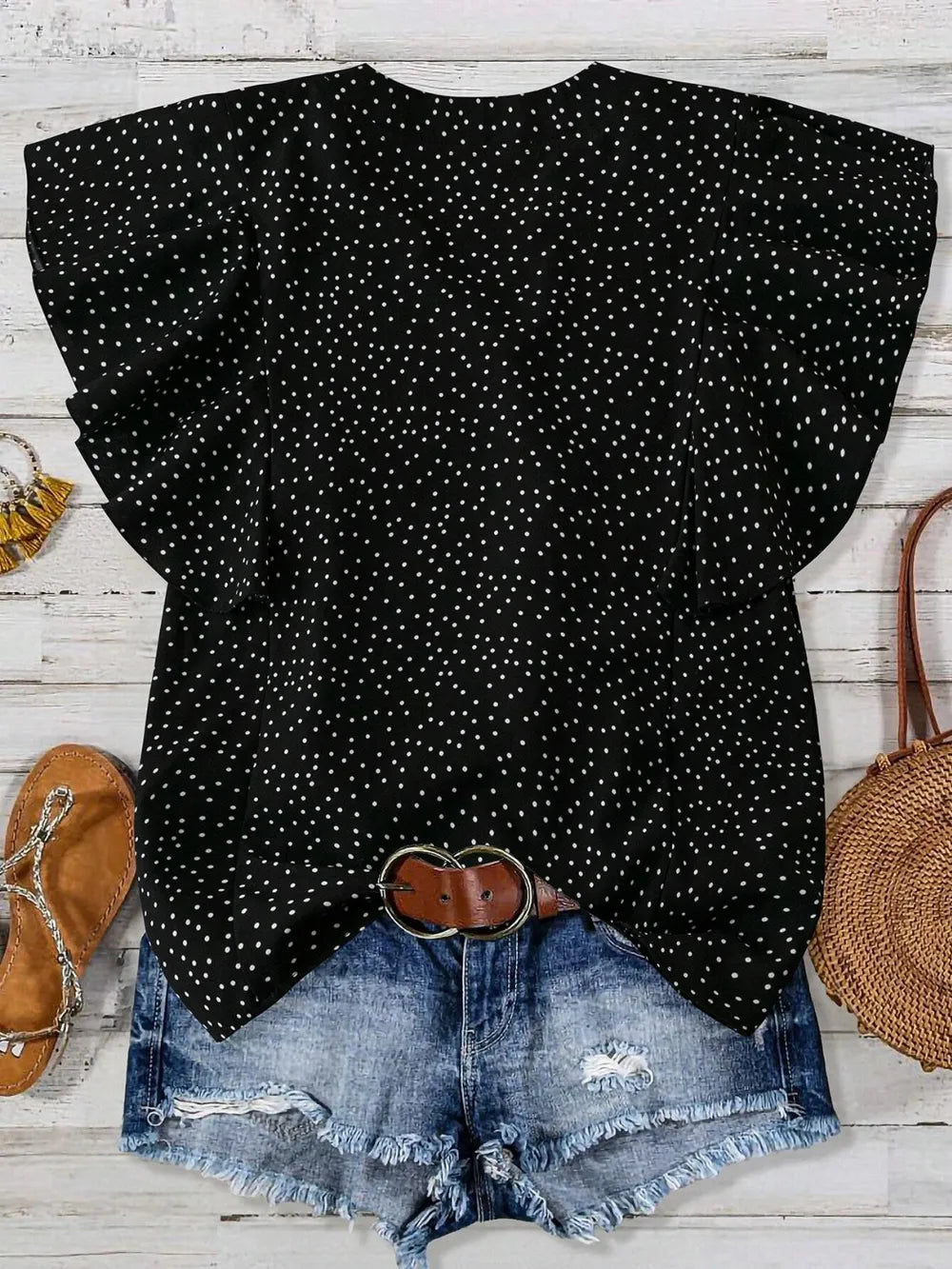 Polka Dot Notched Ruffled Cap Sleeve Blouse