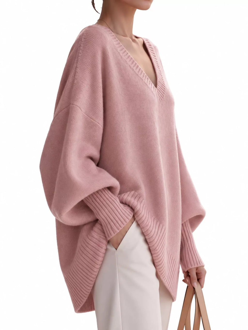 Full Size V-Neck Oversized Batwing Sleeve Sweater Plus Size