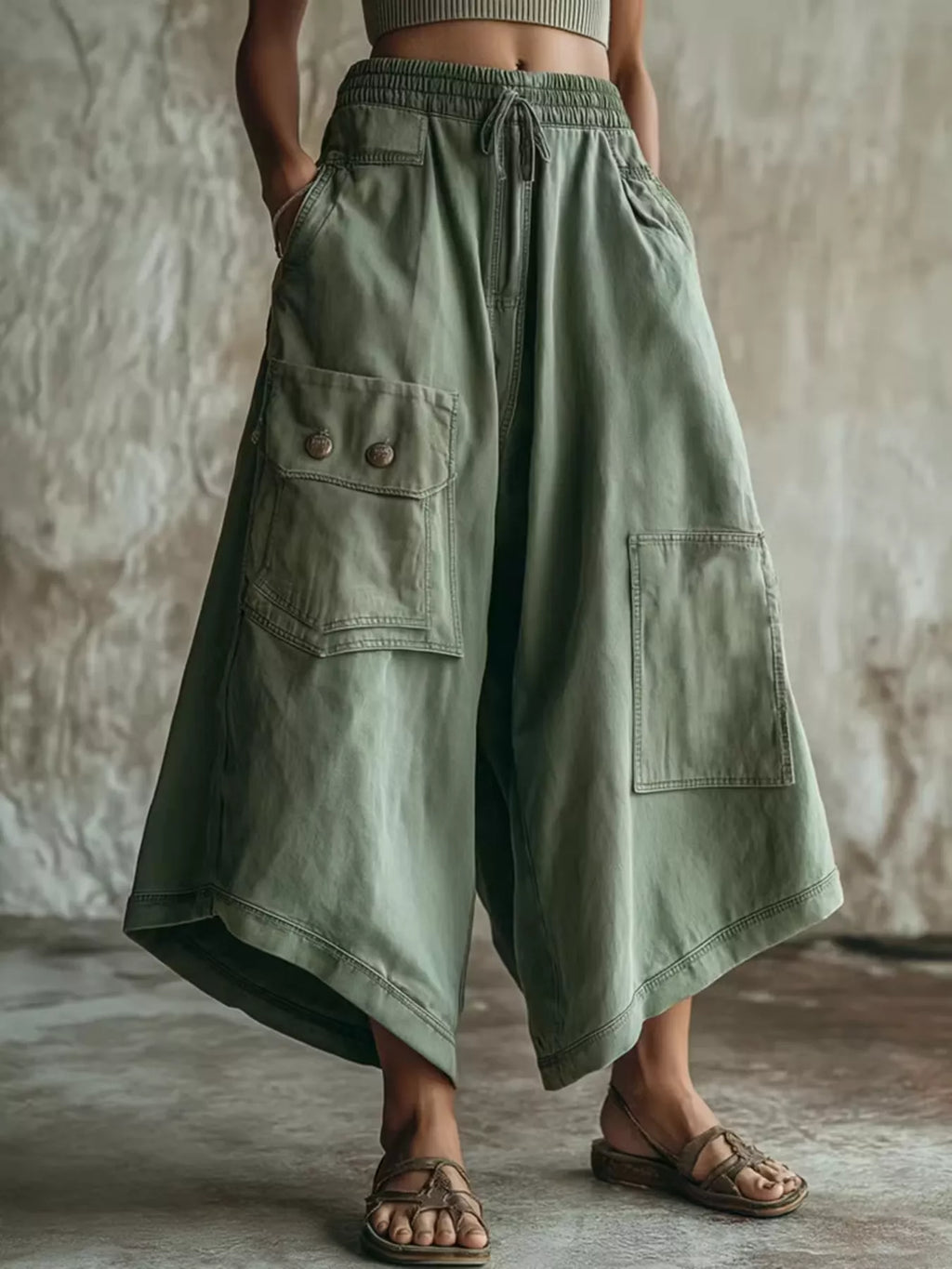 High-Waisted Cargo Wide-Leg Cropped Pants
