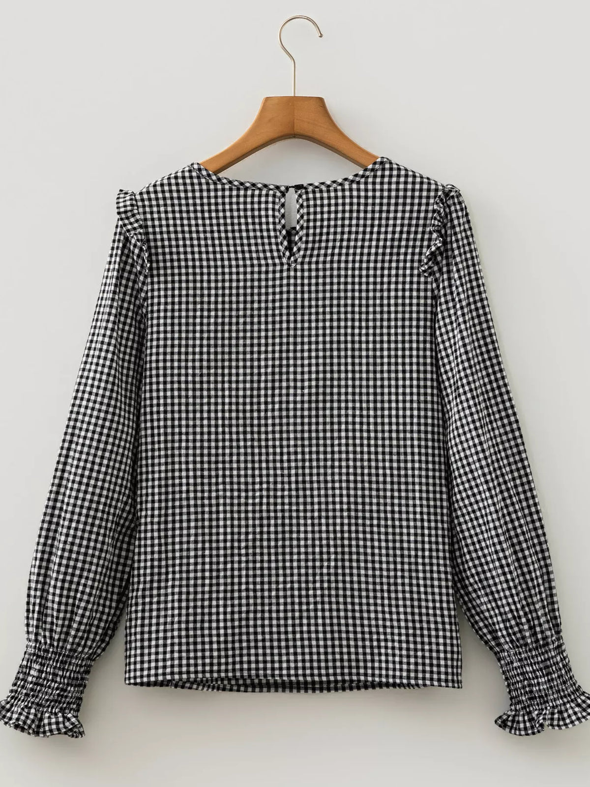 Plaid Shirred Cuff Long Sleeve Round Neck Blouse