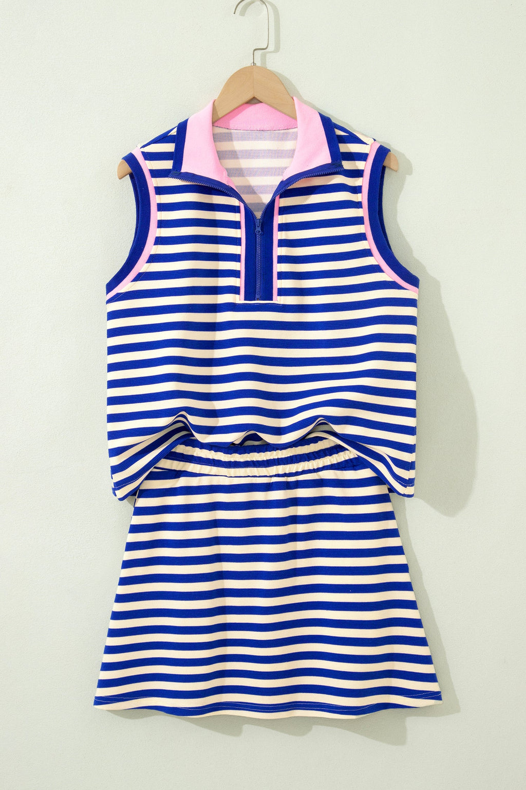 Dark Blue Textured Stripe Print Contrast Trim Zip Collar Sleeveless 2pcs Skort Set