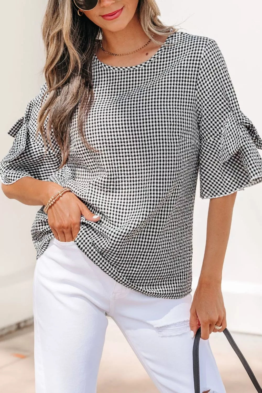 Gingham Bow Half Sleeve Blouse