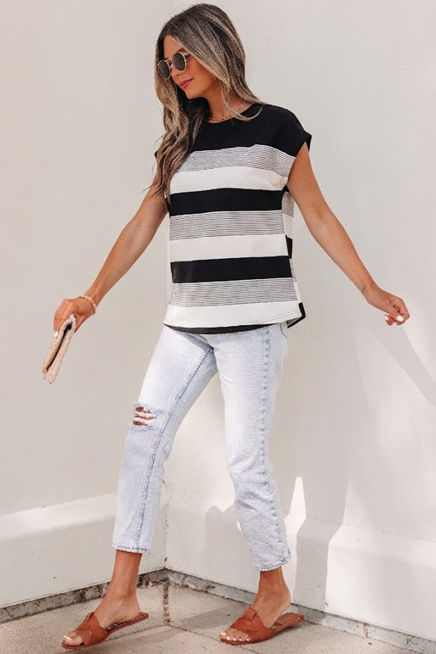 Black Stripe Mixed Print Crew Neck Cap Sleeve T Shirt