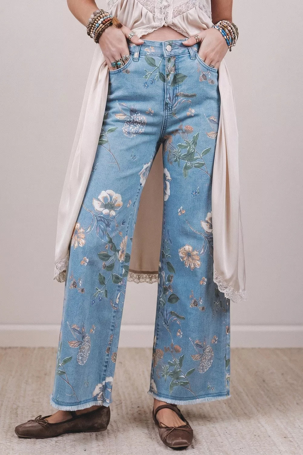 Floral Print Wide-Leg Jeans