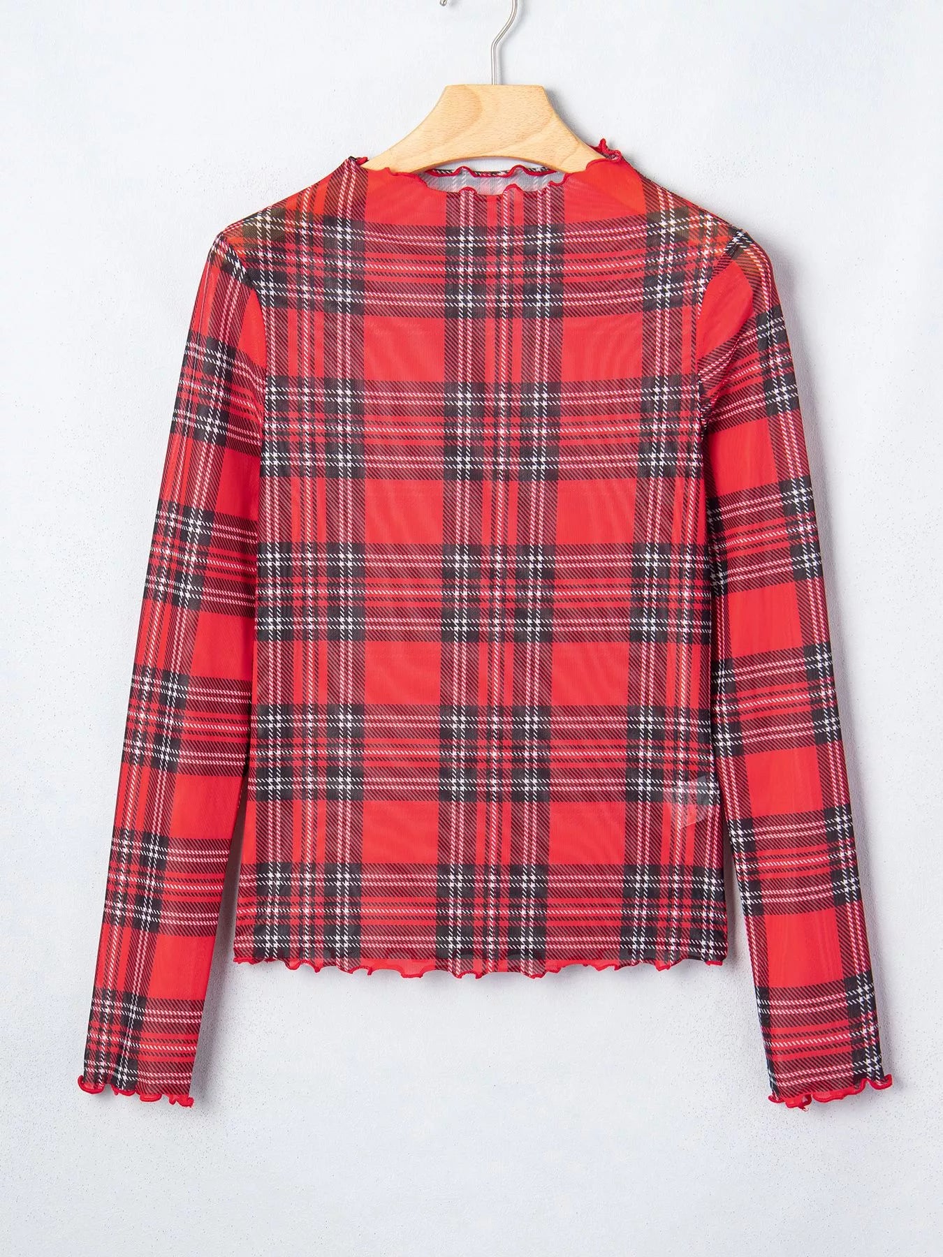 Sheer Plaid Mock Neck Long Sleeve Blouse