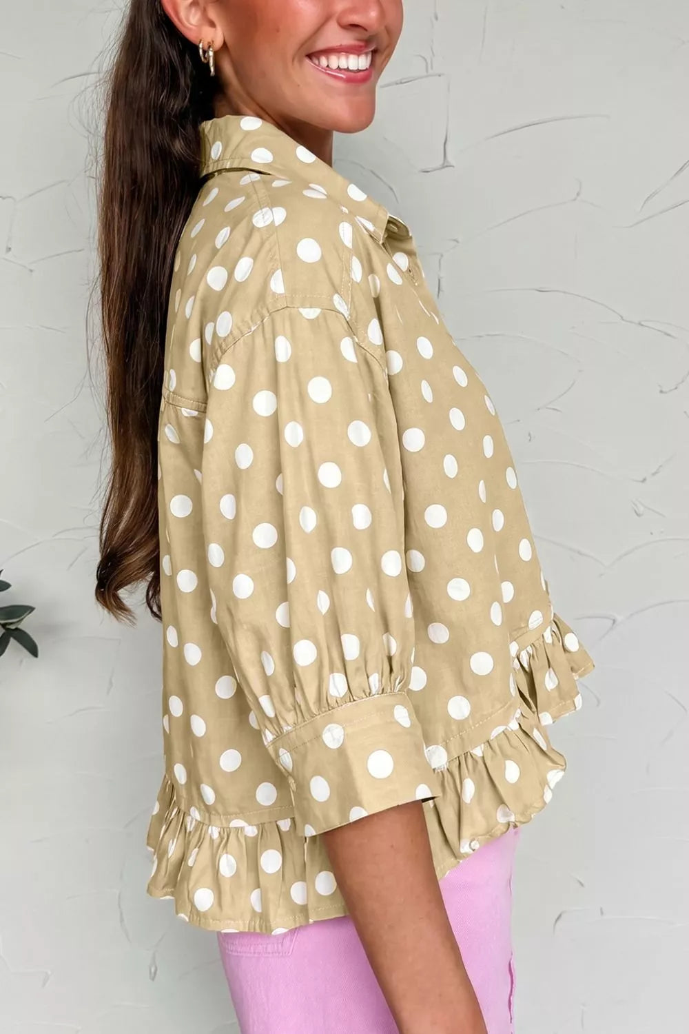 Polka Dot Print Three‑Quarter‑Sleeve Ruffle Hem Casual Shirt