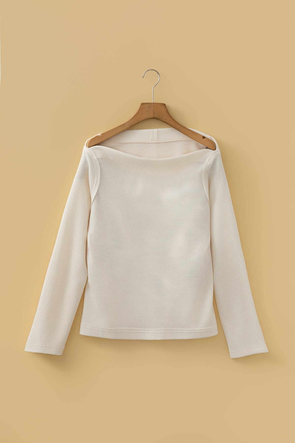Solid Waffle Knit Asymmetric Neck Long Sleeve Top