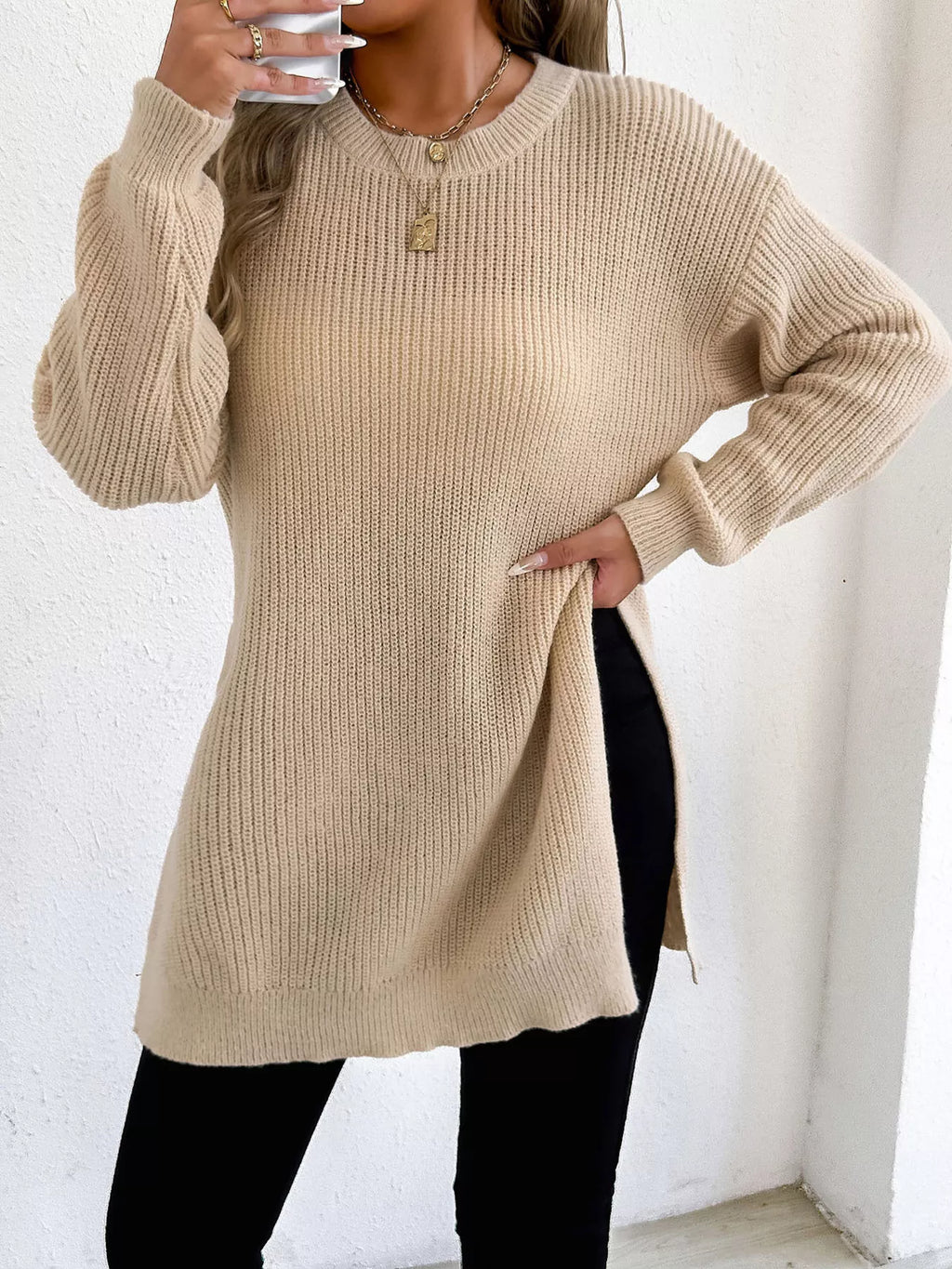 Side-Slit Dropped Shoulder Sweater