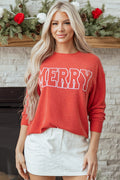 Fiery Red Twisted Rib Outlined Merry Letter Graphic Loose Long Sleeve Top