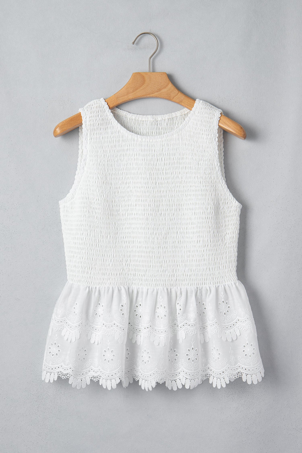 White Sleeveless Smocked Lace Peplum Top