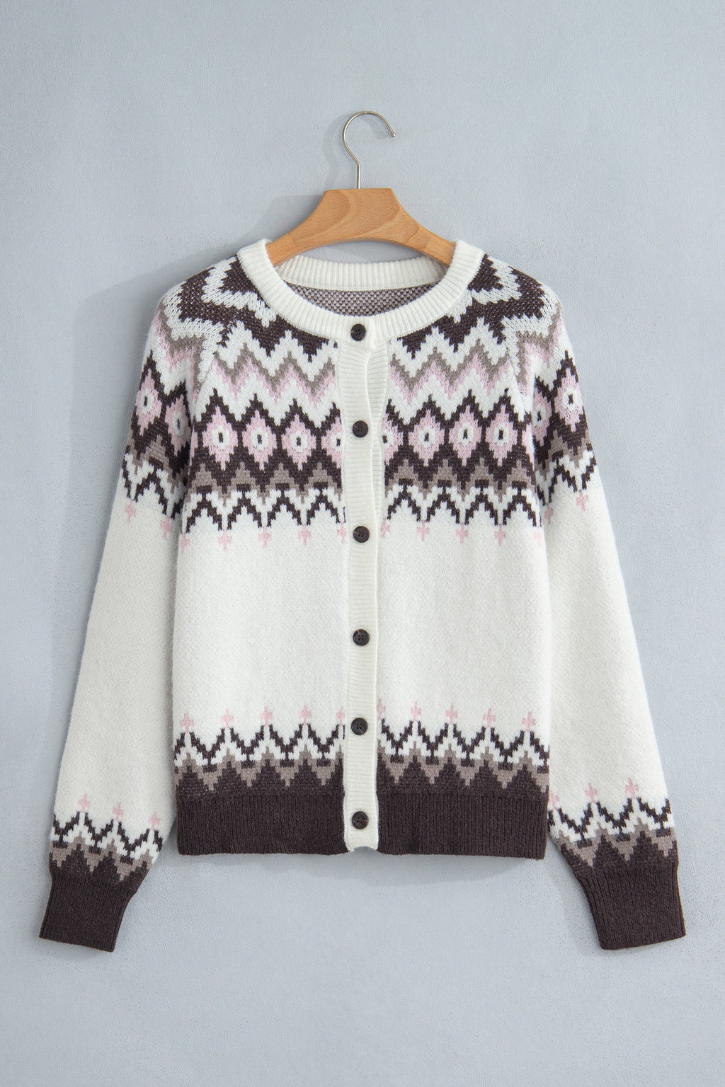 Geometric Fair Isle Brushed Knit Buttoned Cardigan