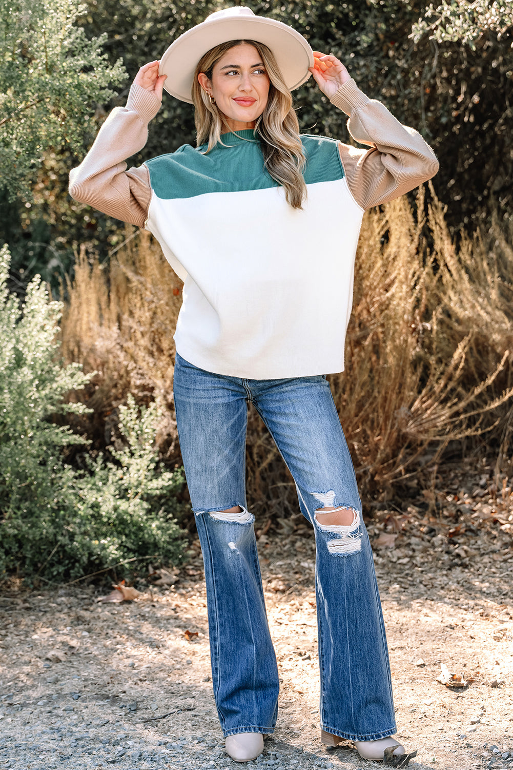 Colorblock Ribbed Knit Long Sleeve Sweater