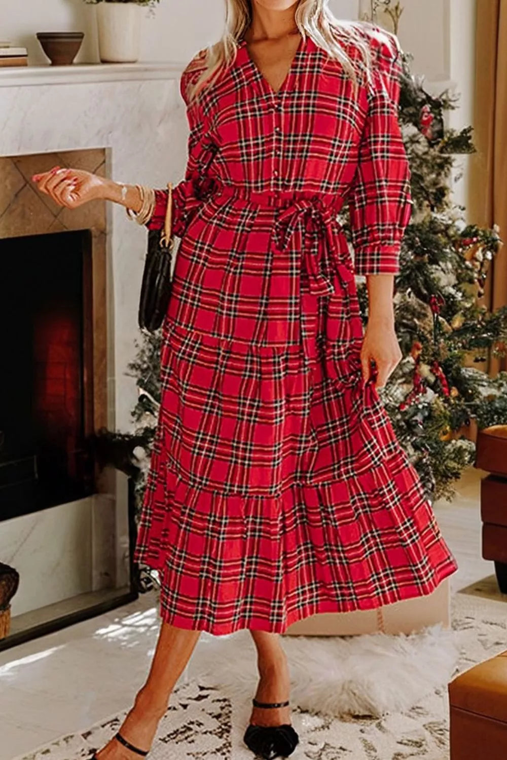 Christmas Plaid V Neck 3/4 Sleeve Tie Waist Ruffle Hem Midi Dress