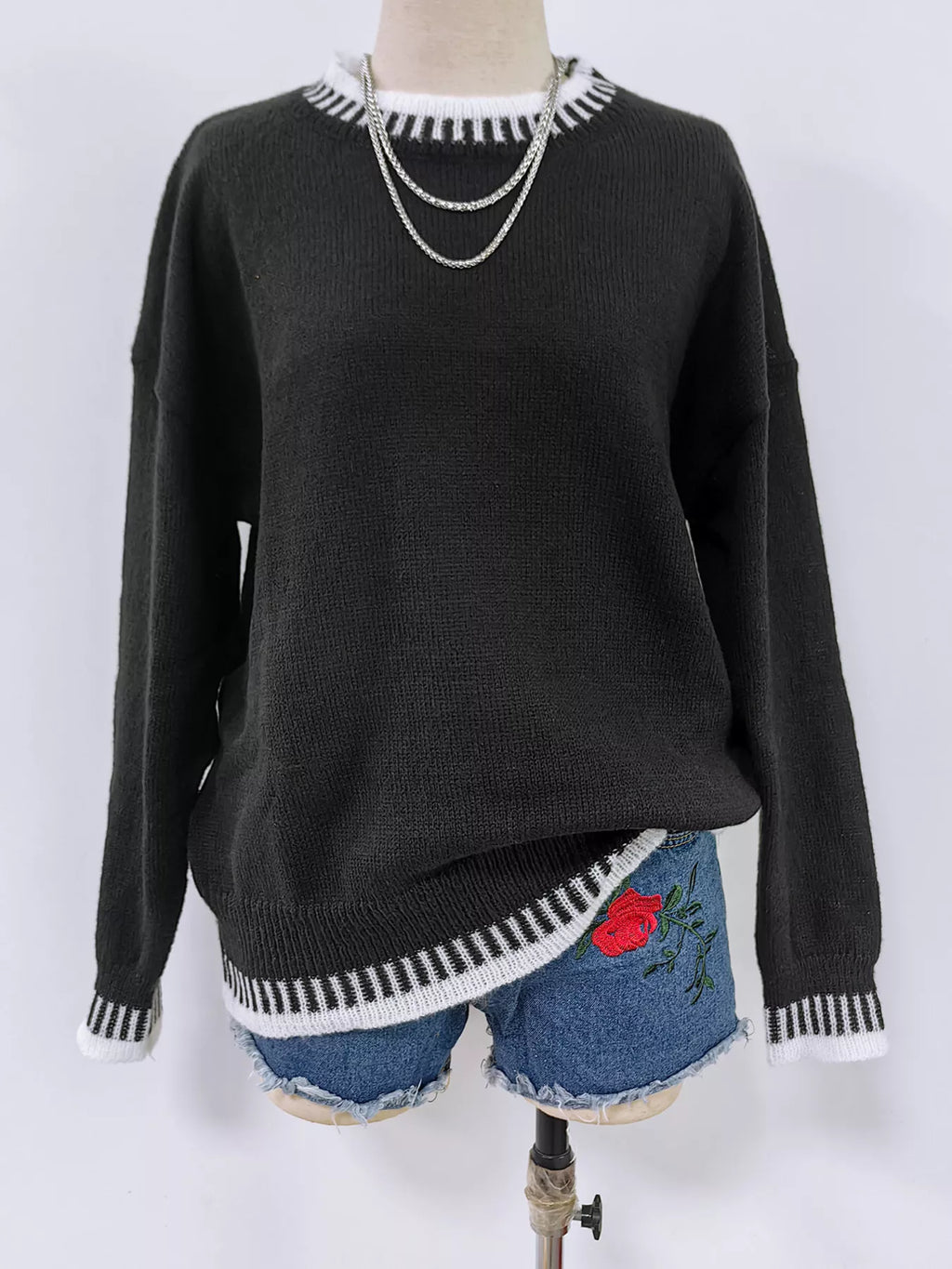 Contrast Trim Crew Neck Drop Shoulder Sweater