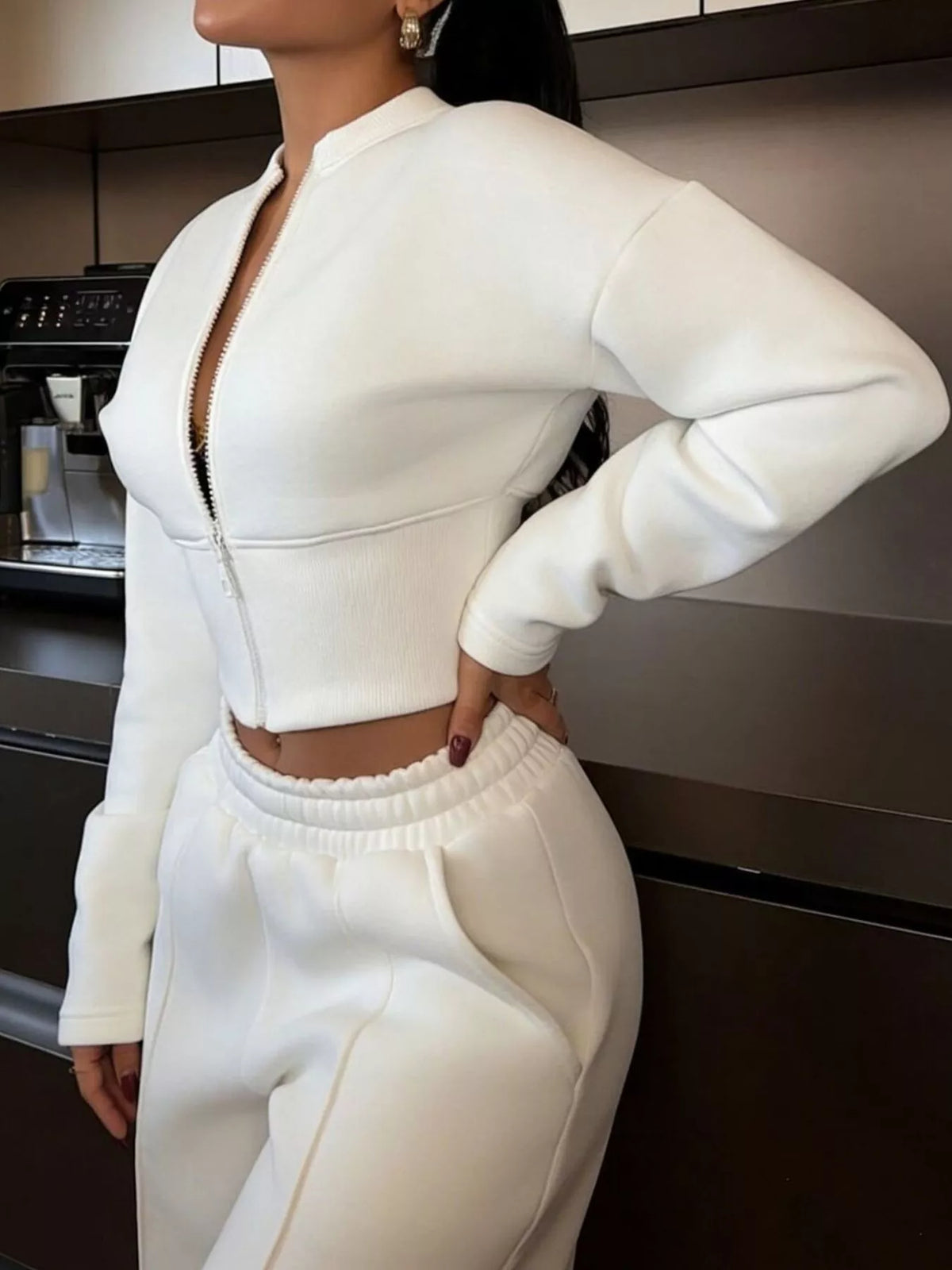 Zip-Up Crop Jacket and Wide-Leg Pants Set