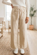 Apricot Stripe Ribbon Drawstring Waist Full-Length Shift Pant