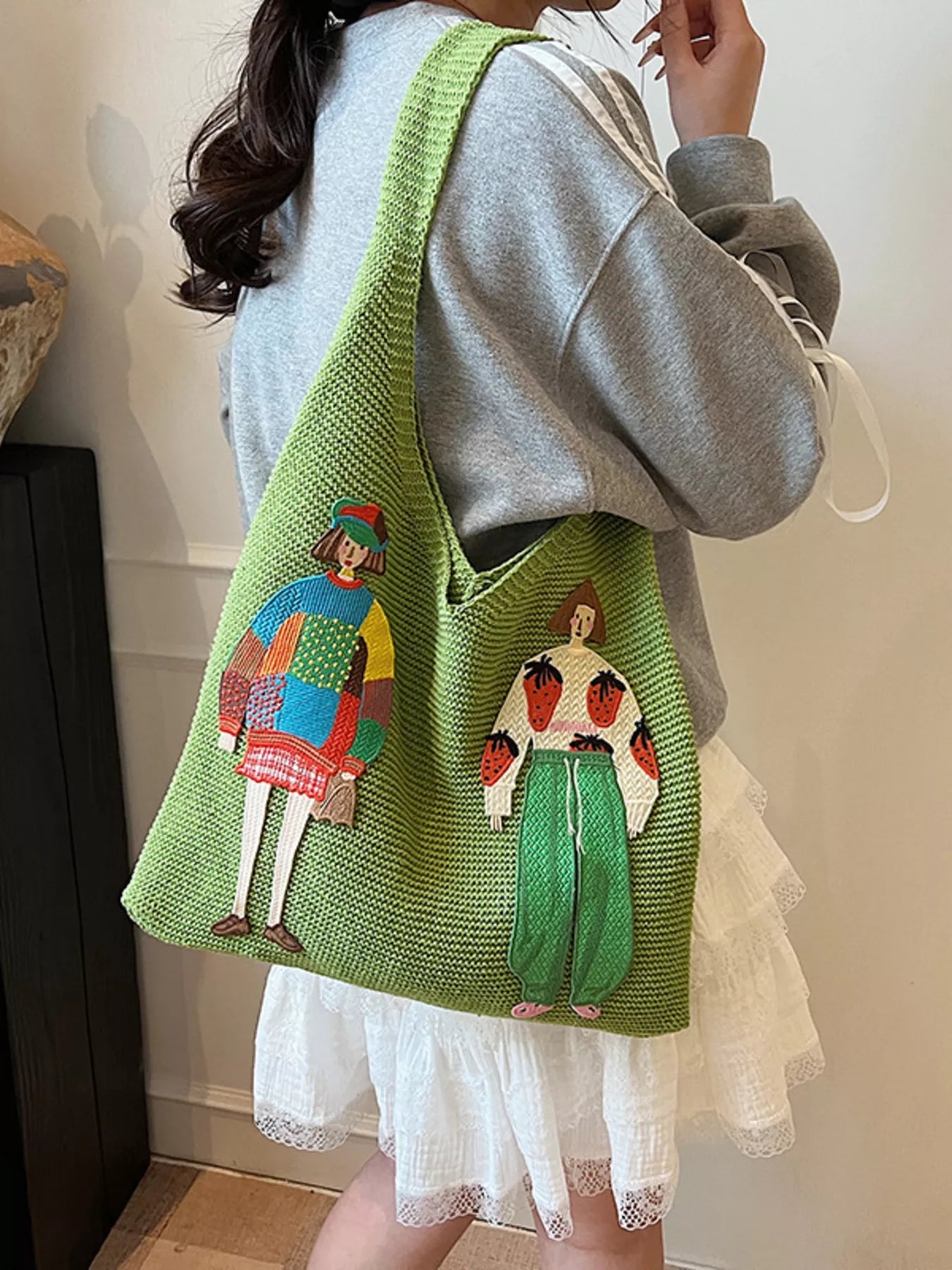 Knitted Embroidered Shoulder Bag