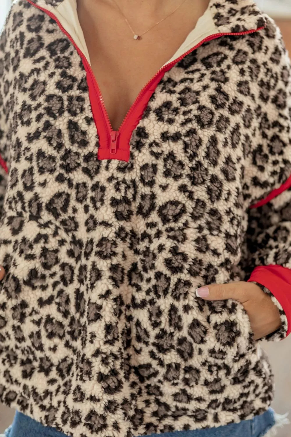 Leopard Print Zip-Up Red Accents Pockets Sweatshirt