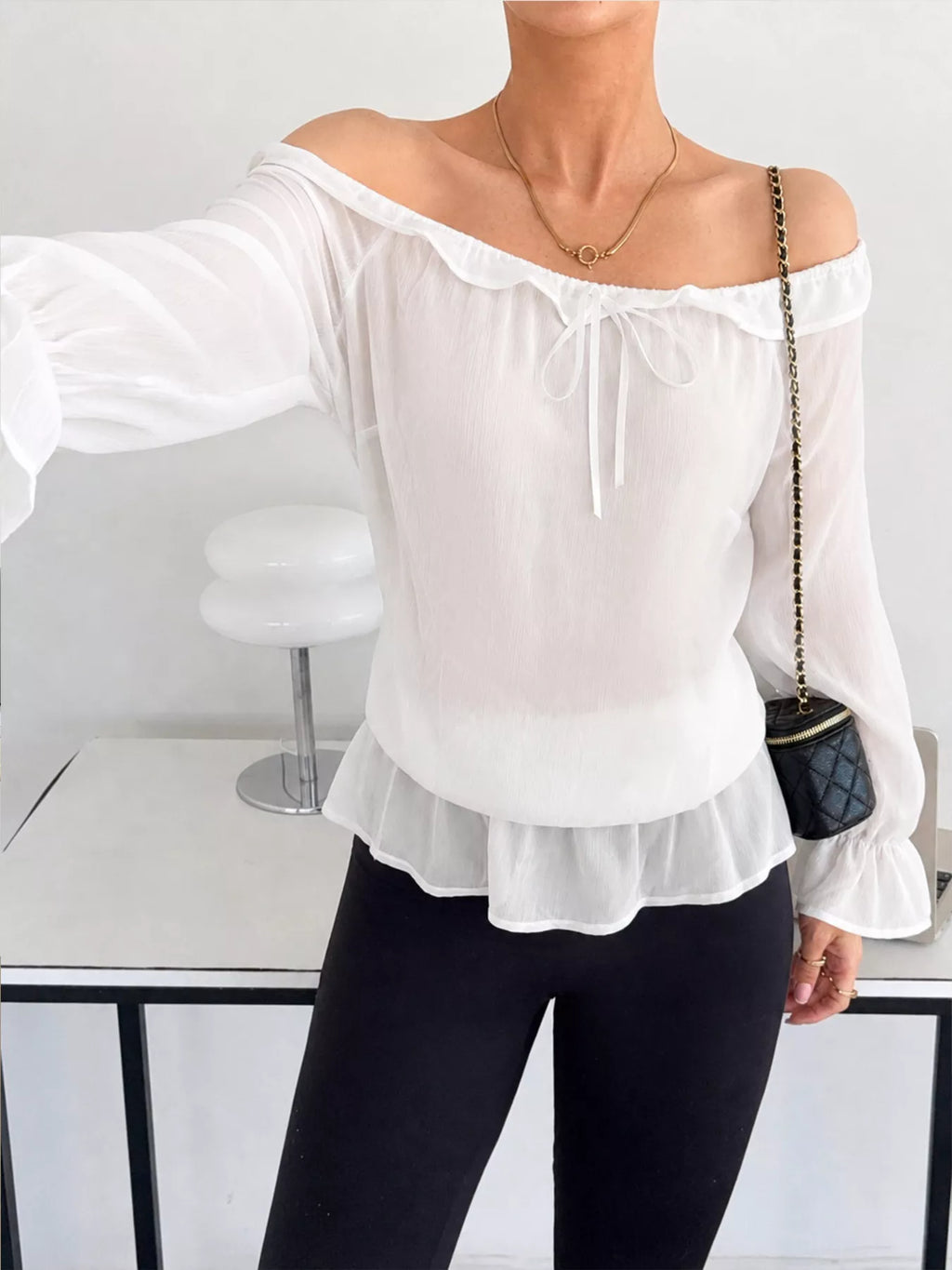 Off-Shoulder Flounce Sleeve Chiffon Blouse