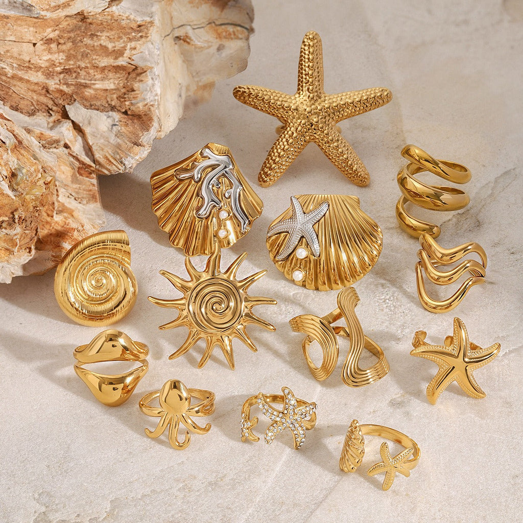 18K gold ocean element inlaid pearl design trendy unique earrings necklace bracelet ring set