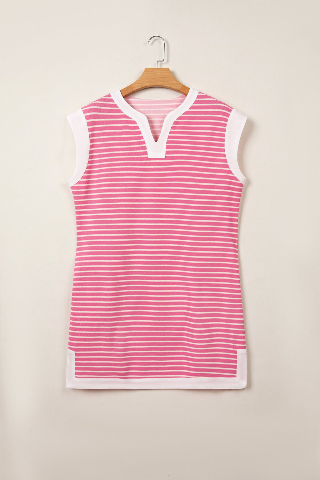 Pink Stripe Color Block Trim Notched Neck Sleeveless Shift Mini Dress
