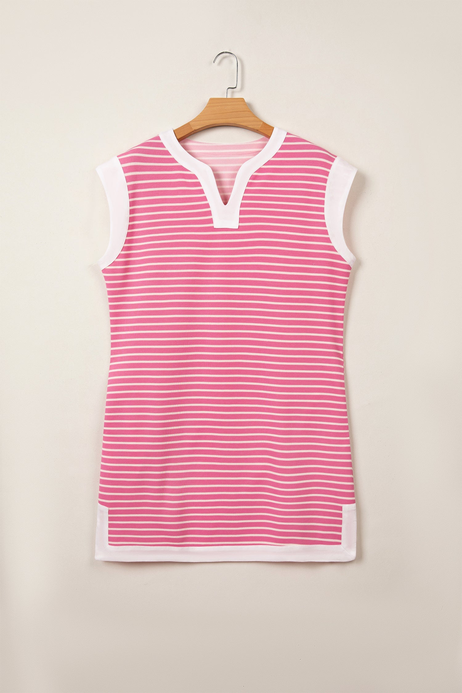 Pink Stripe Color Block Trim Notched Neck Sleeveless Shift Mini Dress