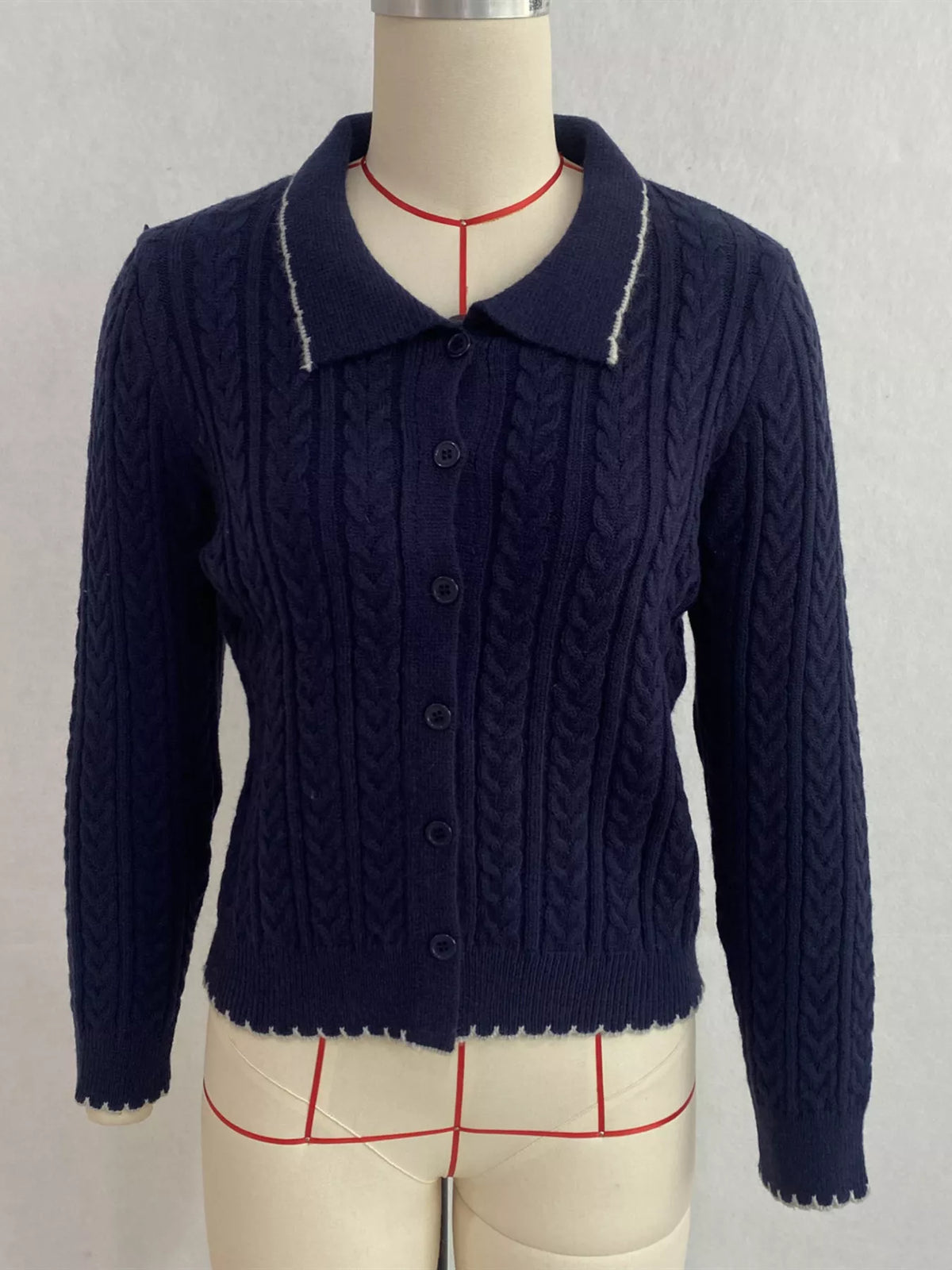 Cable Knit Polo Collar Button-Up Cardigan