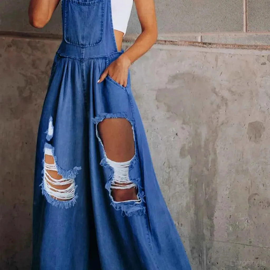 Distressed Wide Leg Denim Overalls