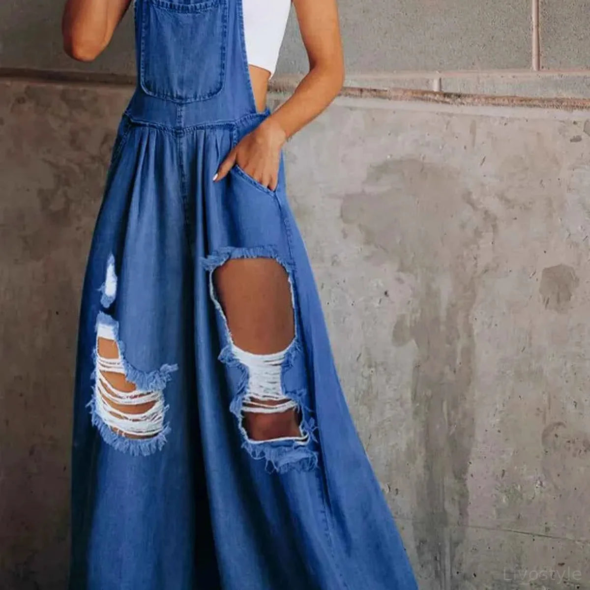 Distressed Wide Leg Denim Overalls