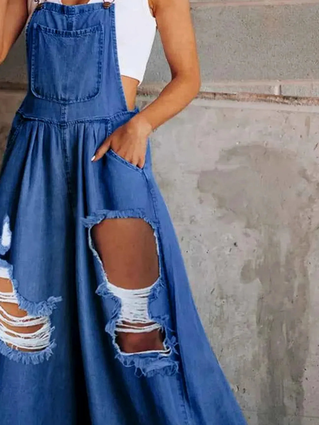 Distressed Wide Leg Denim Overalls