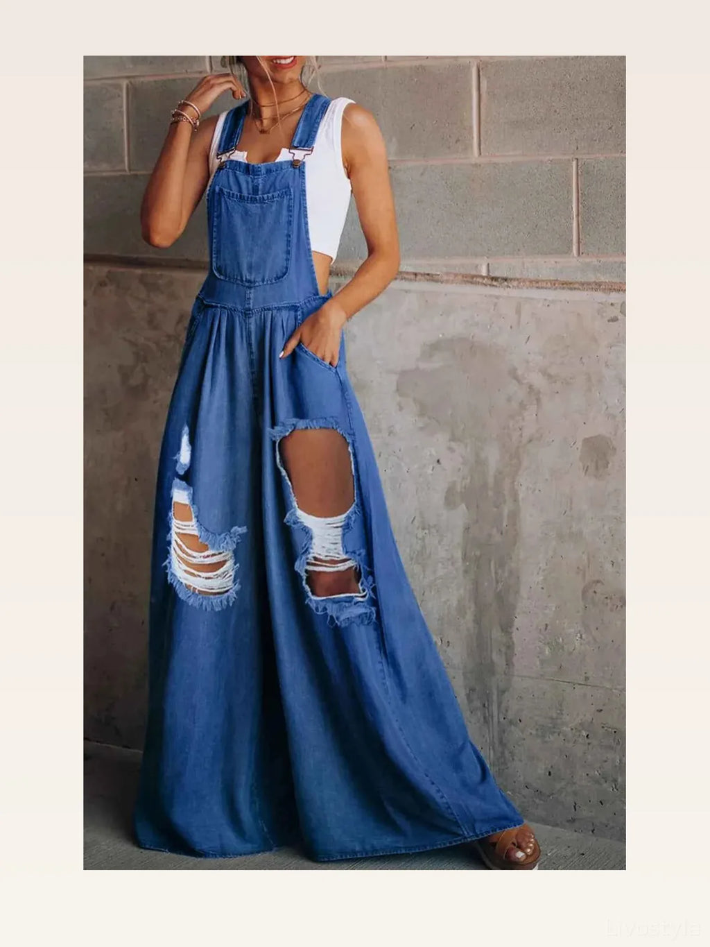 Distressed Wide Leg Denim Overalls