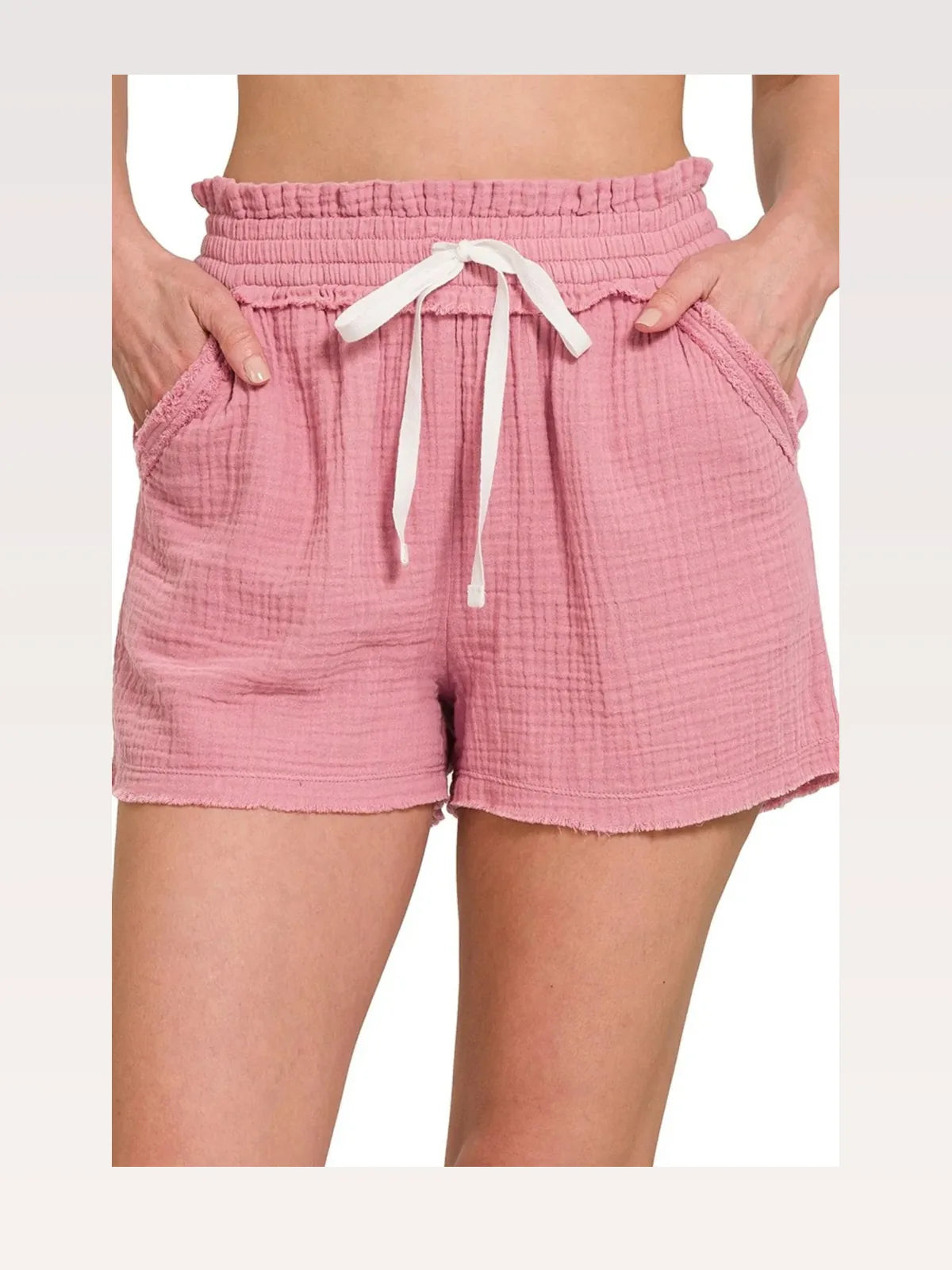 Double Gauze Drawstring Waist Shorts with Raw Hem